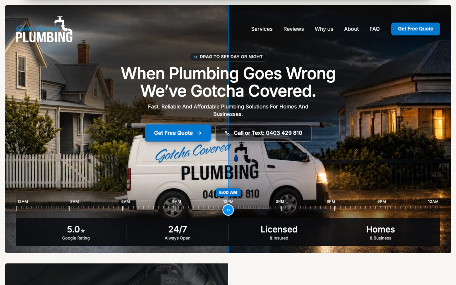 Gotcha Covered Plumbing website with its day and night service experience
